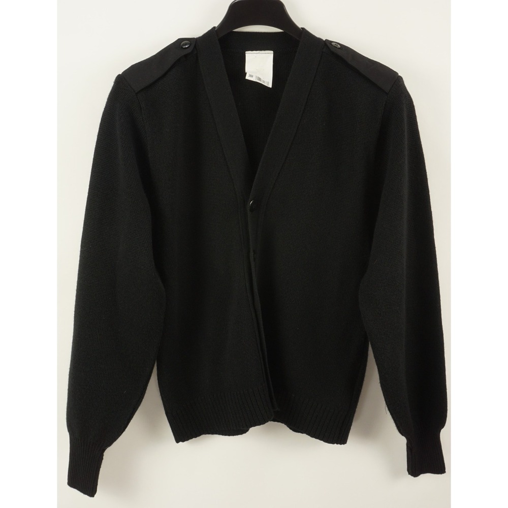 Vintage‎ US Army Wool Cardigan Sweater Men 38R Black V-Neck Epaulet Military
